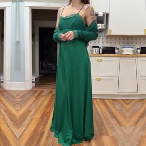 Vintage 70s Green Polyester Lurex Crochet Maxi Dress Set